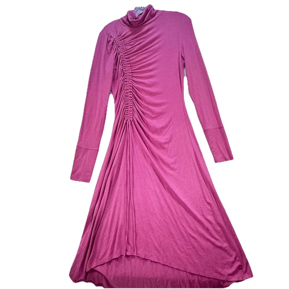 Anthropologie‎ Daily Practice Ruched Cowl Neck Cozy Midi Dress Pink sz M - Picture 2 of 13